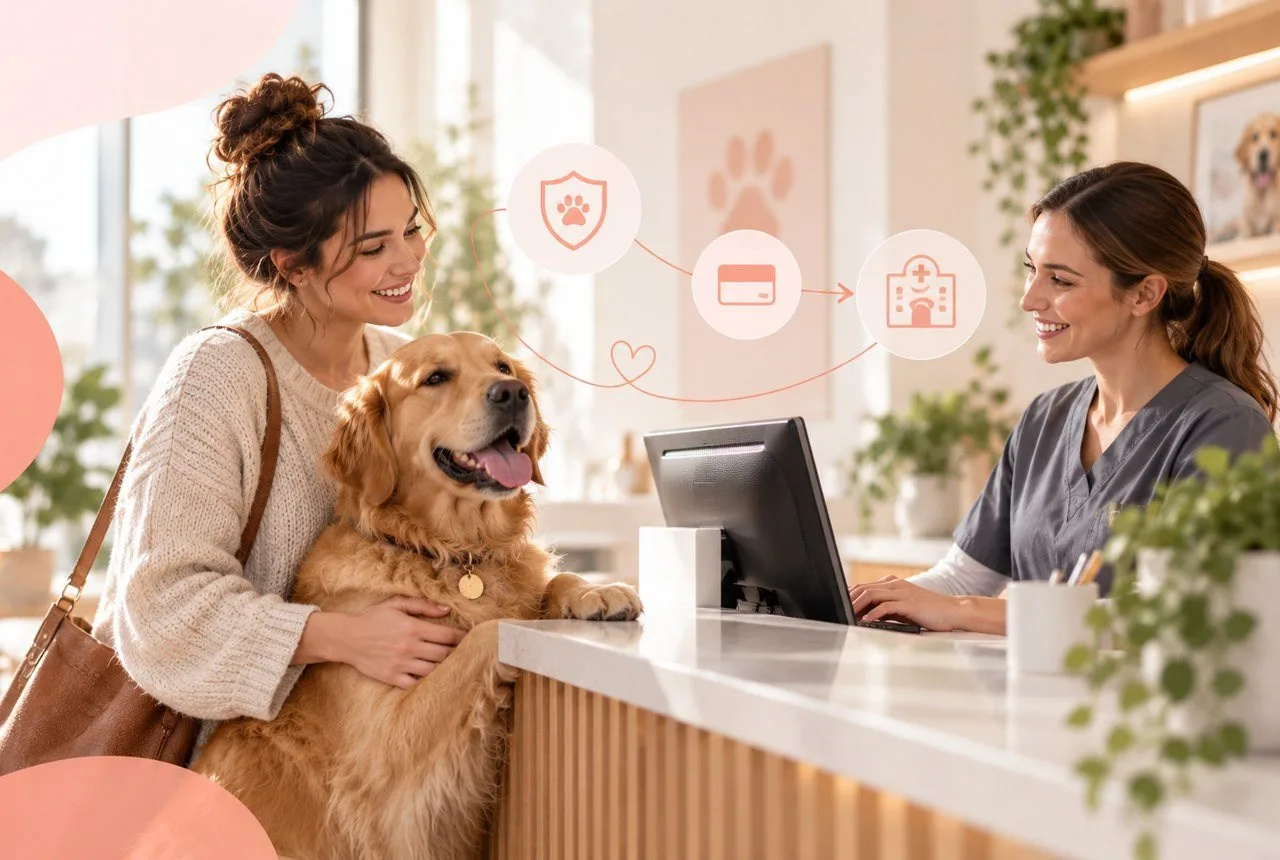 Dog and owner at a veterinary reception counter