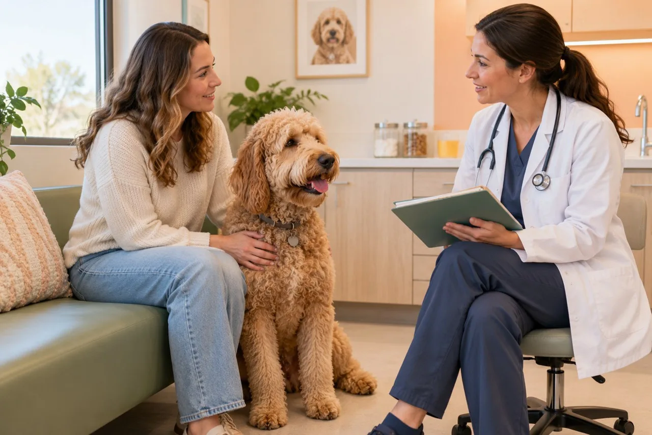 Owner sitting with a curly apricot dog during a veterinary consultation